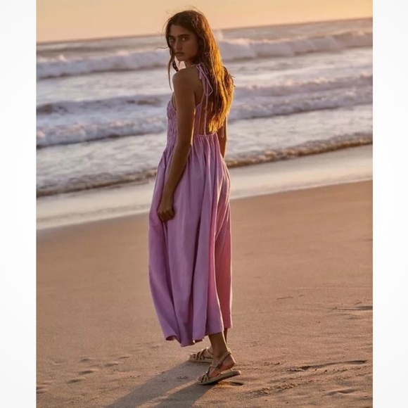 Free People Fp Beach Free-Est Gitana  Maxi Dress Linen Pleated Billowy Smocked - Picture 3 of 10